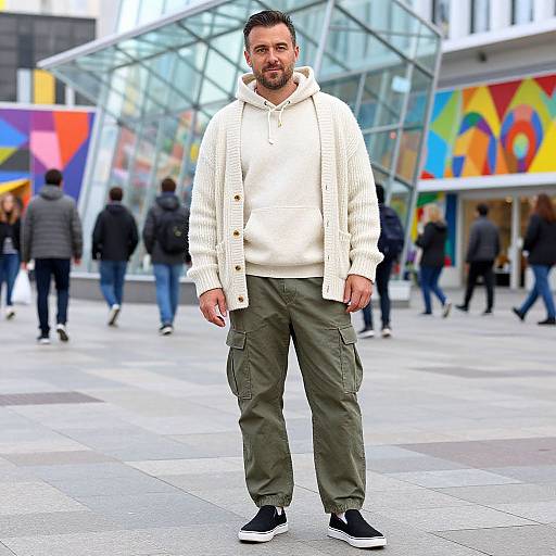 Photograph of a bearded man with short dark hair, wearing a white knit sweater, olive cargo pants, and black sneakers, standing in a vibrant