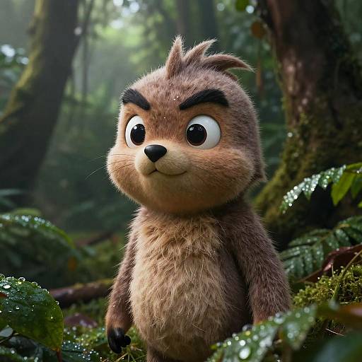 CGI image of a cute, anthropomorphic, brown-furred forest otter with large, expressive eyes and raised eyebrows, standing in a lush,