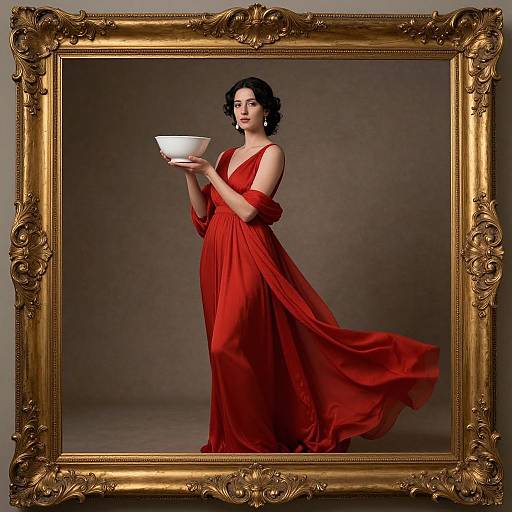 Photograph of a woman in a flowing red dress holding a white bowl, framed in an ornate gold picture frame.