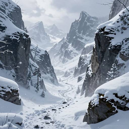 Photograph of a snowy mountain valley with towering, snow-covered rock cliffs and a winding, snow-blanketed path leading to distant peaks. Bright sunlight
