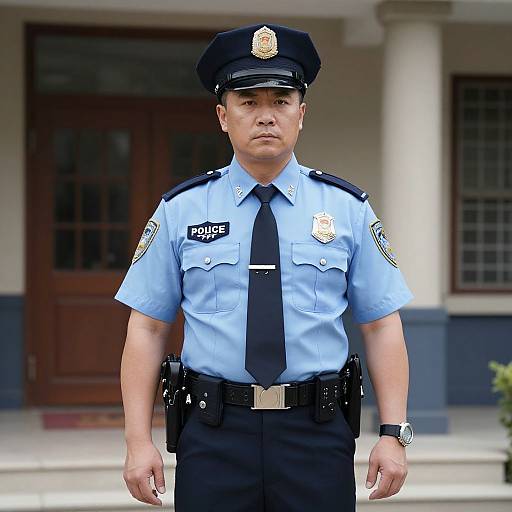 Photograph of an Asian male police officer standing in front of a building, wearing a light blue uniform, black tie, and cap.