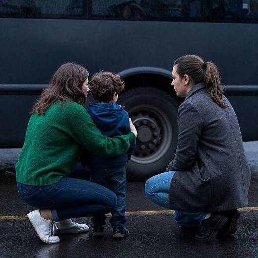 Two Women and Child Kneeling by Bus