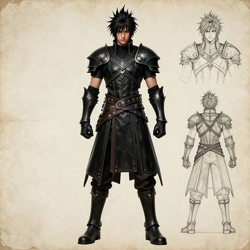 Digital concept art of a muscular, spiky-haired warrior in black armor with intricate chest plate, belt, and boots, alongside two sketch variations.