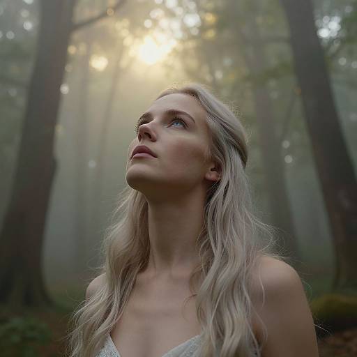 Photograph of a blonde woman with wavy hair, gazing upward in a misty forest, sunlight filtering through tall trees.
