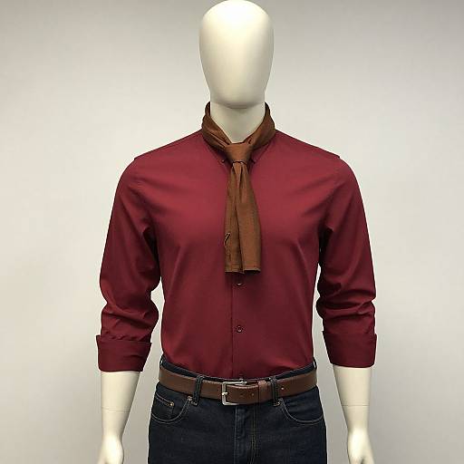 Photograph of a faceless white mannequin wearing a maroon button-up shirt, brown scarf, dark blue jeans, and brown belt against a