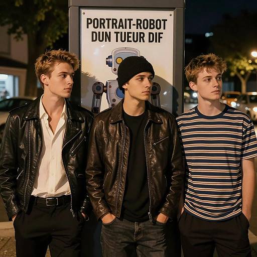 Three Young Men in Front of Poster