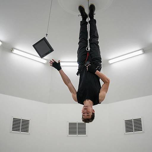 Suspended Man in Futuristic Setting