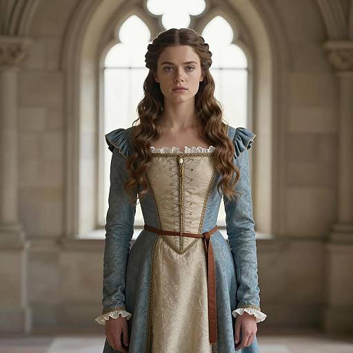 Young Woman in Medieval Blue and Cream Dress