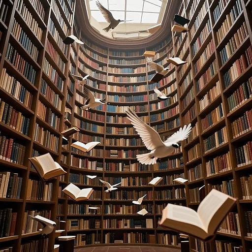Photograph of a grand, circular library with towering wooden bookshelves, books, and white doves with wings spread, flying among floating open books