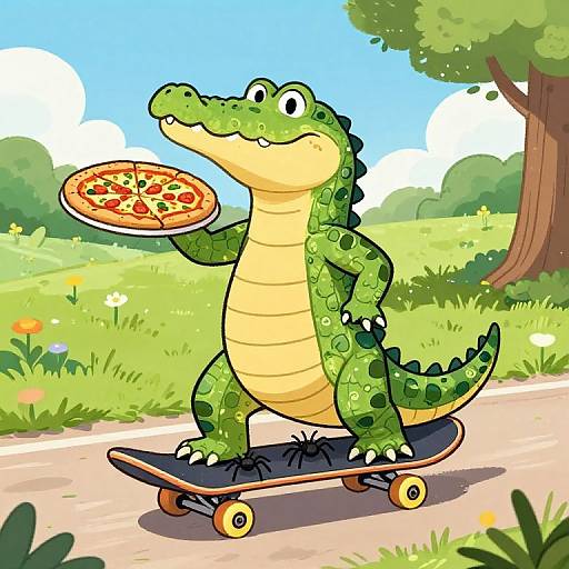 Romantic Crocodile Skateboarding with Pizza