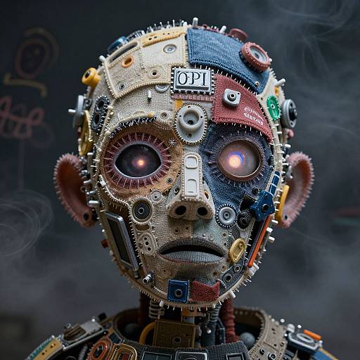 Photograph of a steampunk-style humanoid robot head with intricate gears, wires, and colorful mechanical parts, featuring glowing eyes, against a smoky