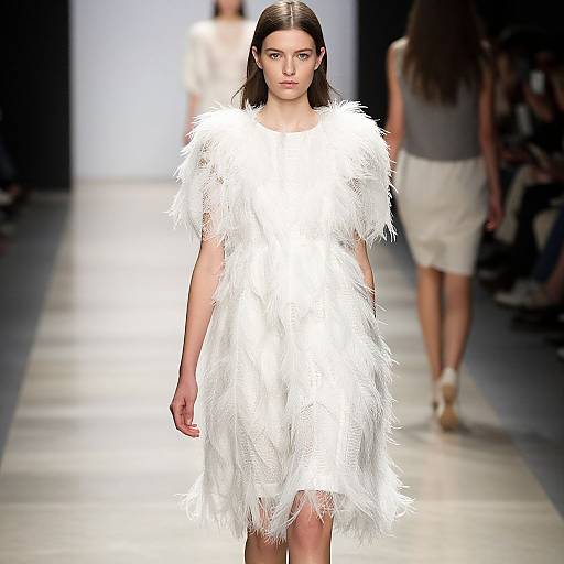 Photograph of a slender, fair-skinned woman with straight dark brown hair, walking a runway in a white, feathered dress, with blurred background