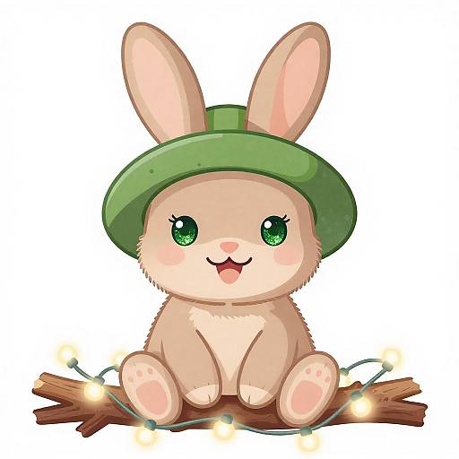 Cute Baby Rabbit with Green Hat and Fairy Lights