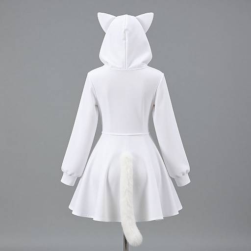White hooded cat-eared dress with long sleeves and flared skirt, displayed from the back on a gray background.