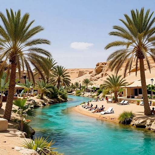 Photograph of a sunny desert resort with a winding turquoise pool, surrounded by palm trees, sandy pathways, and lounging guests.