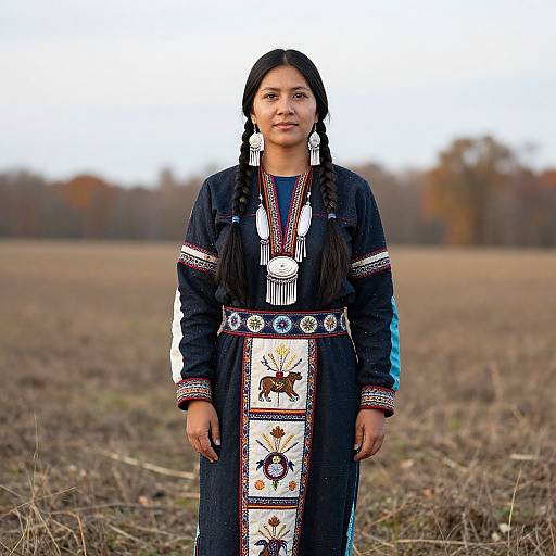 Photograph of a young Indigenous woman with long black braids, wearing a traditional dark blue dress with intricate white, red, and blue patterns, standing