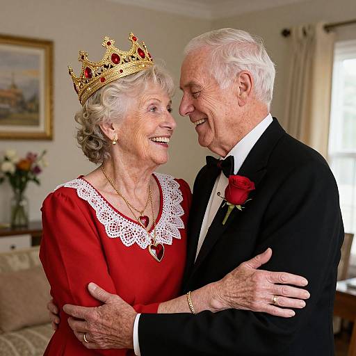 Photograph of an elderly white couple, woman in red dress with gold crown, white lace collar, man in black tuxedo with red rose,
