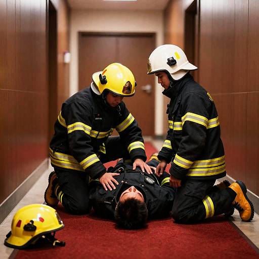 Firefighters Assisting Injured Man in Hallway