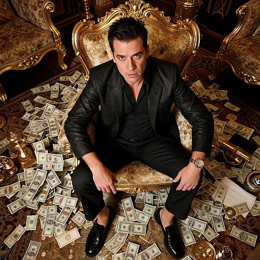 Photograph of a suave, dark-haired man in a black textured suit, seated on an ornate golden throne, surrounded by scattered money.