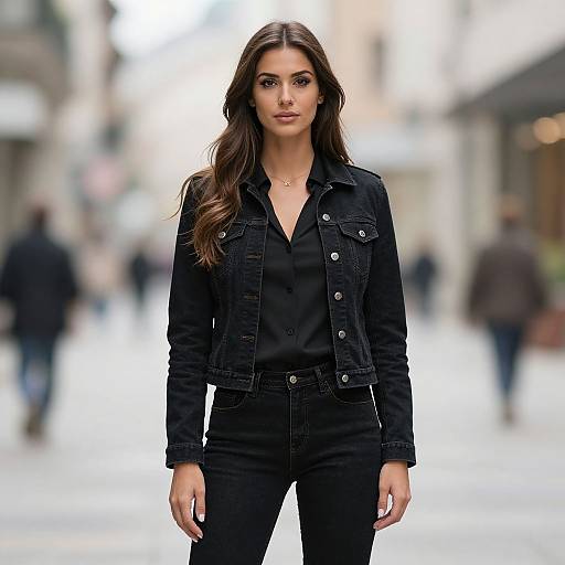 Photograph of a confident woman with long brown hair, wearing a black denim jacket and pants, standing in a blurred urban street.