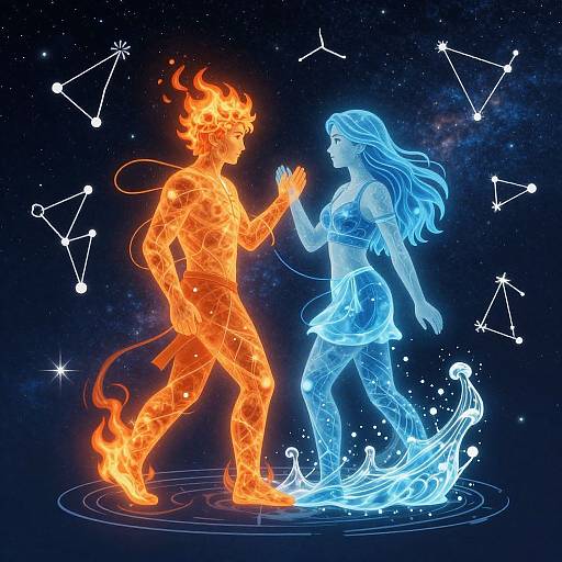 Digital illustration of a fiery, orange male demon and a glowing, blue female water spirit touching hands against a starry night sky with constellation lines.