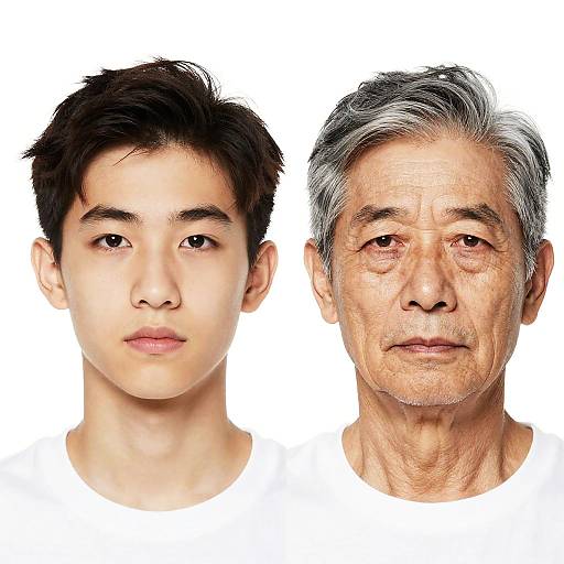 Photograph of a young Asian man with short black hair and an older Asian man with gray hair, both with neutral expressions, against a white background.