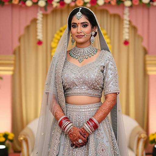 Indian bride in silver traditional attire, adorned with intricate jewelry, henna, and a sheer veil, stands in a decorated, ornate background. Photograph