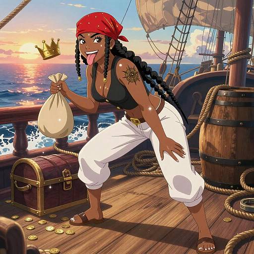 Playful Caribbean Pirate Woman on Ship Deck