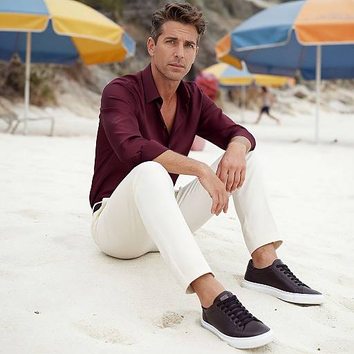 Photograph of a handsome, light-skinned man with short brown hair, wearing a maroon shirt, white pants, and black sneakers, sitting on
