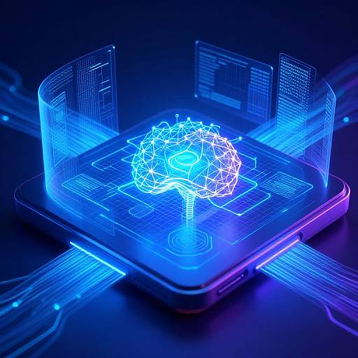 Neon blue holographic circuitry surrounds a glowing, intricate, white wireframe tree on a futuristic, illuminated computer chip. Digital art.