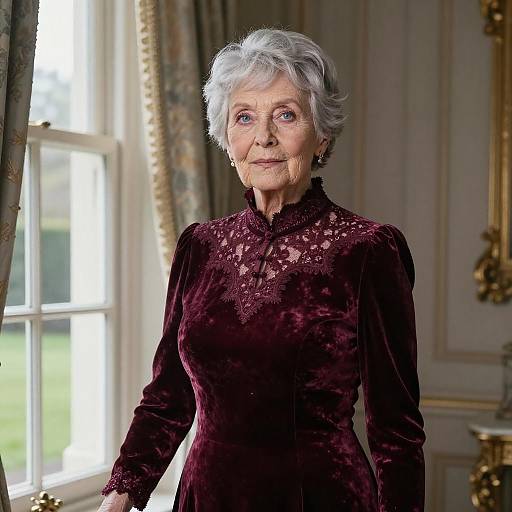 Photograph of an elderly white woman with short gray hair, wearing a dark maroon lace long-sleeve dress, standing in a sunlit,