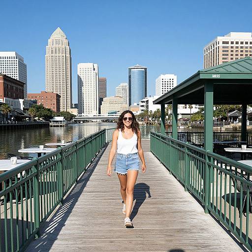 Photograph of a woman with long brown hair, wearing a white tank top and blue denim shorts, walking on a green bridge, with a vibrant city