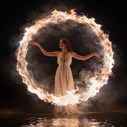Photograph of a woman with flowing brown hair, wearing a white, sleeveless gown, standing in front of a circular flame against a dark background,