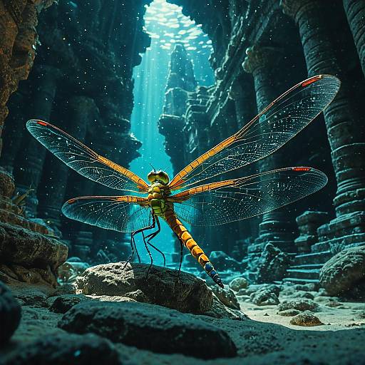 Crystalline Dragonfly-Butterfly Hybrid in Underwater Temple