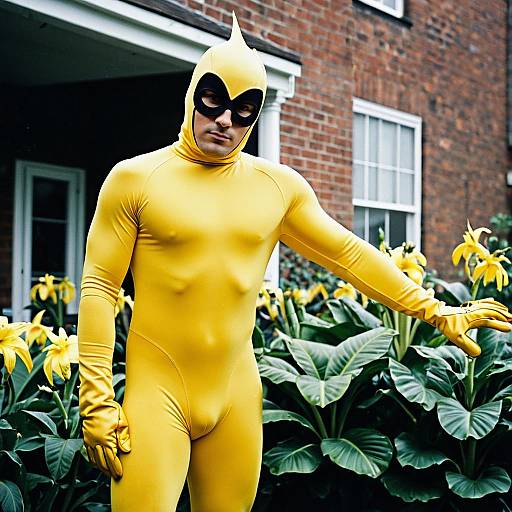 Man in Yellow Bananaman Costume Standing Outdoors