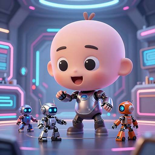 Chibi-style CGI image of a bald, smiling baby robot with three smaller robots in a neon-lit futuristic lab.