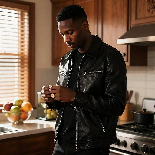 Stylish Man in Warm Kitchen Setting