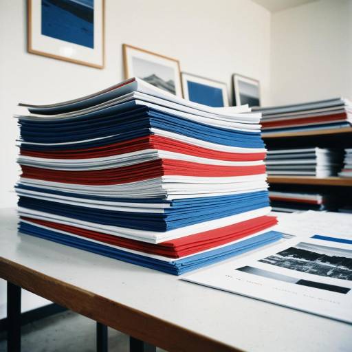 Stack of Blue and Red Prints in Art Studio