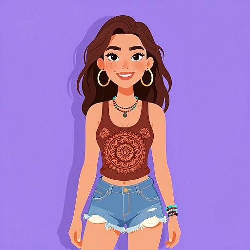 Digital illustration of a smiling woman with brown hair, wearing a red floral tank top, blue denim shorts, large hoop earrings, and beaded bracelets,