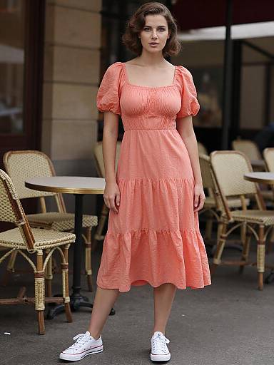 Photograph of a young woman with wavy brown hair, wearing a coral, short-sleeved, ruffled dress and white sneakers, standing in