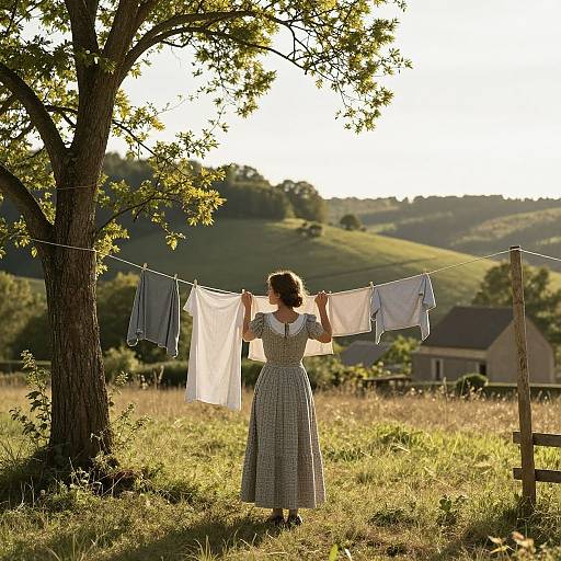 Photograph of a woman in a checkered dress hanging laundry on a clothesline under a tree in a sunlit, rolling countryside.