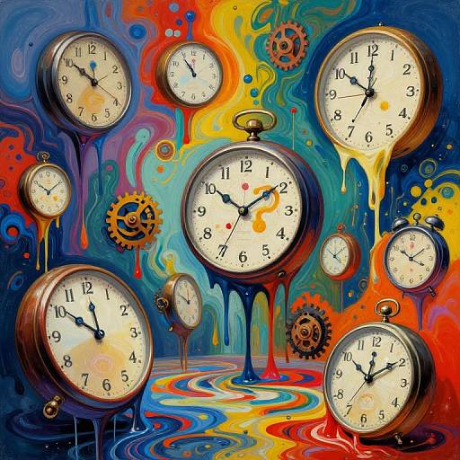 Vibrant digital painting of clocks with melting, colorful, abstract background featuring dripping paint, gears, and swirling patterns in vivid blues, reds,