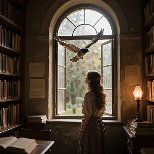 Photograph of a woman with long brown hair, wearing a white blouse and black skirt, standing by an open arched window, watching a bird fly