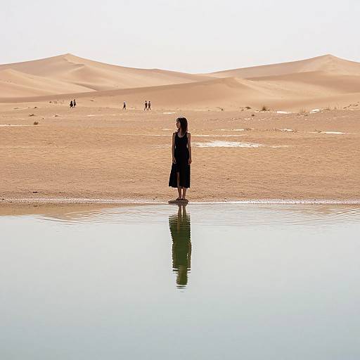 Photograph of a solitary child in a dark dress standing in shallow water, reflecting in the surface, with sandy dunes and distant figures in the background