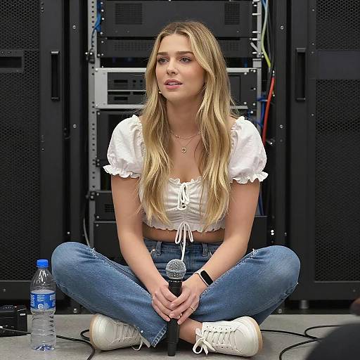 Young Woman with Microphone by Server Rack