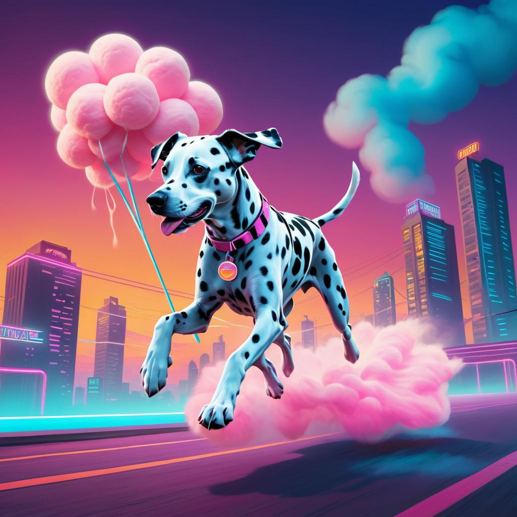 Dramatic Dalmatian in Retro Futuristic City