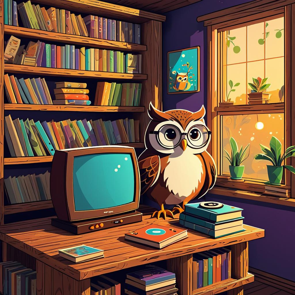 Whimsical Owl and Console Cartoon Scene