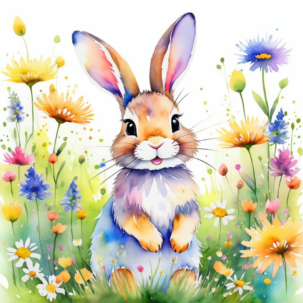 Whimsical Watercolor Rabbit in Meadow