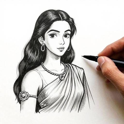 Black-and-white ink drawing of a beautiful woman with long, wavy hair, hoop earrings, and a draped toga-like dress, being sketched