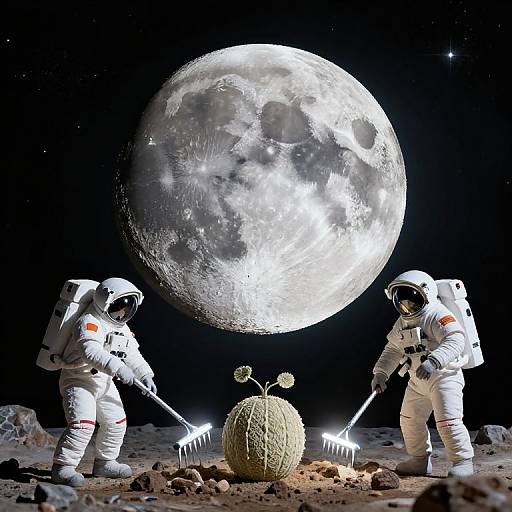 Photorealistic CGI: Two astronauts in white spacesuits with red patches, digging around a cactus with shovels on a moonlit, rocky